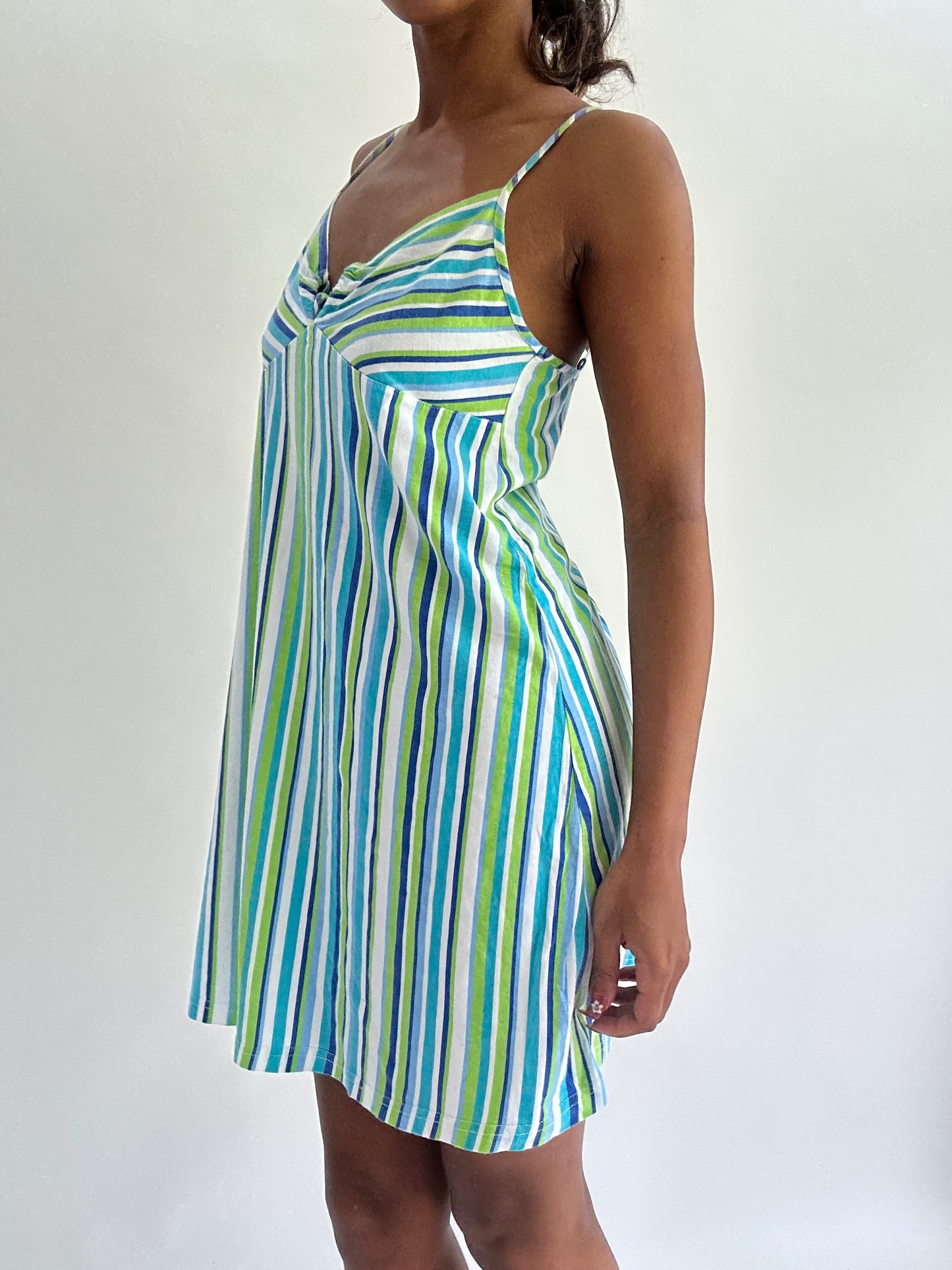 zara larsson drop | small green blue striped mini dress