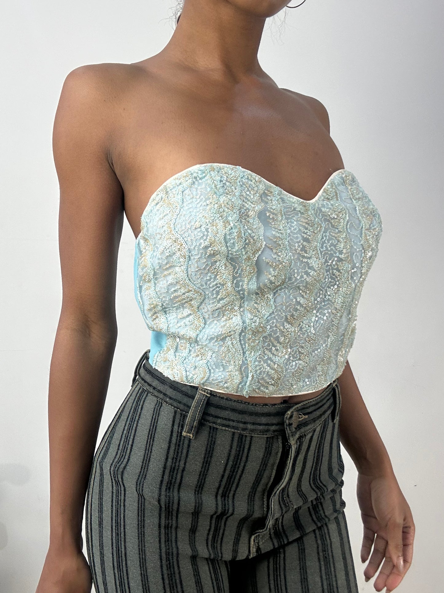 BEST PICKS | medium blue bandeau top with lace and sequin overlay