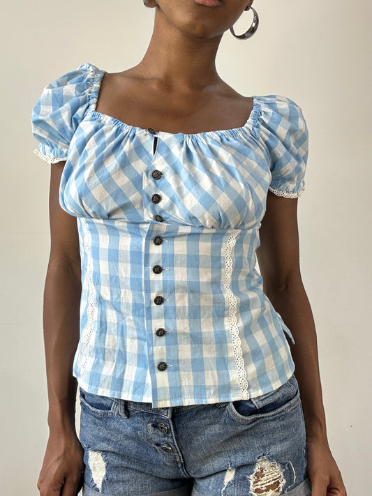 vintage edit twenty-six | small blue and white milkmaid style top with gingham print