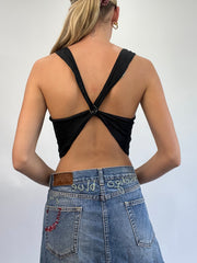COASTAL COWGIRL DROP | small yellow reversible cropped top with blue floral print
