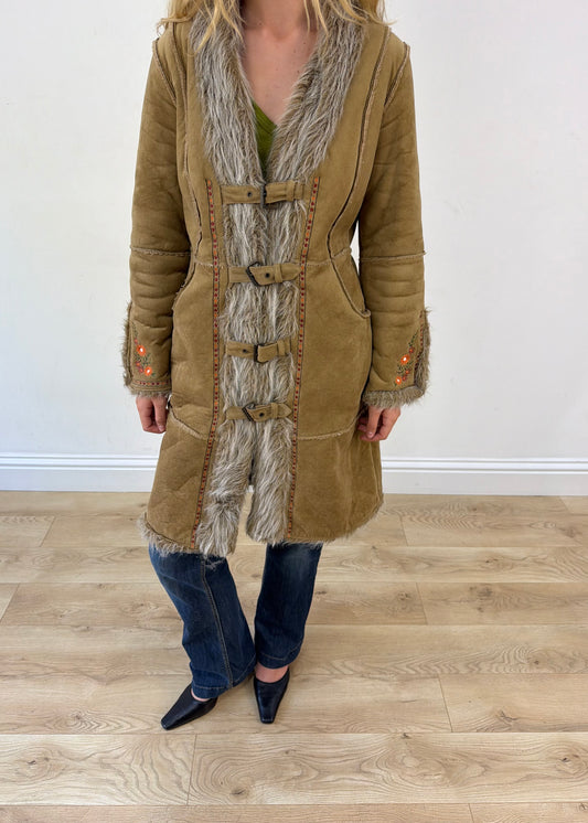large beige embroidered afghan coat