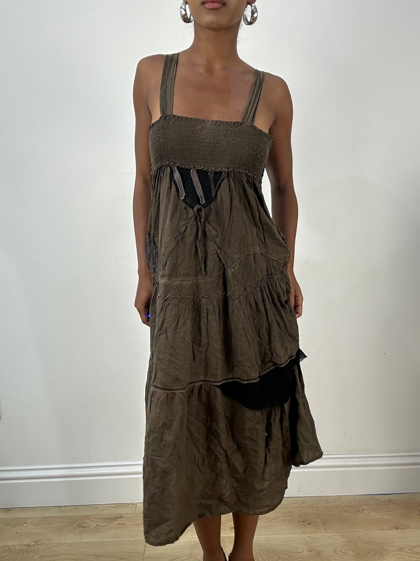 LFW edit | small khaki green tiered maxi dress with ruched bust