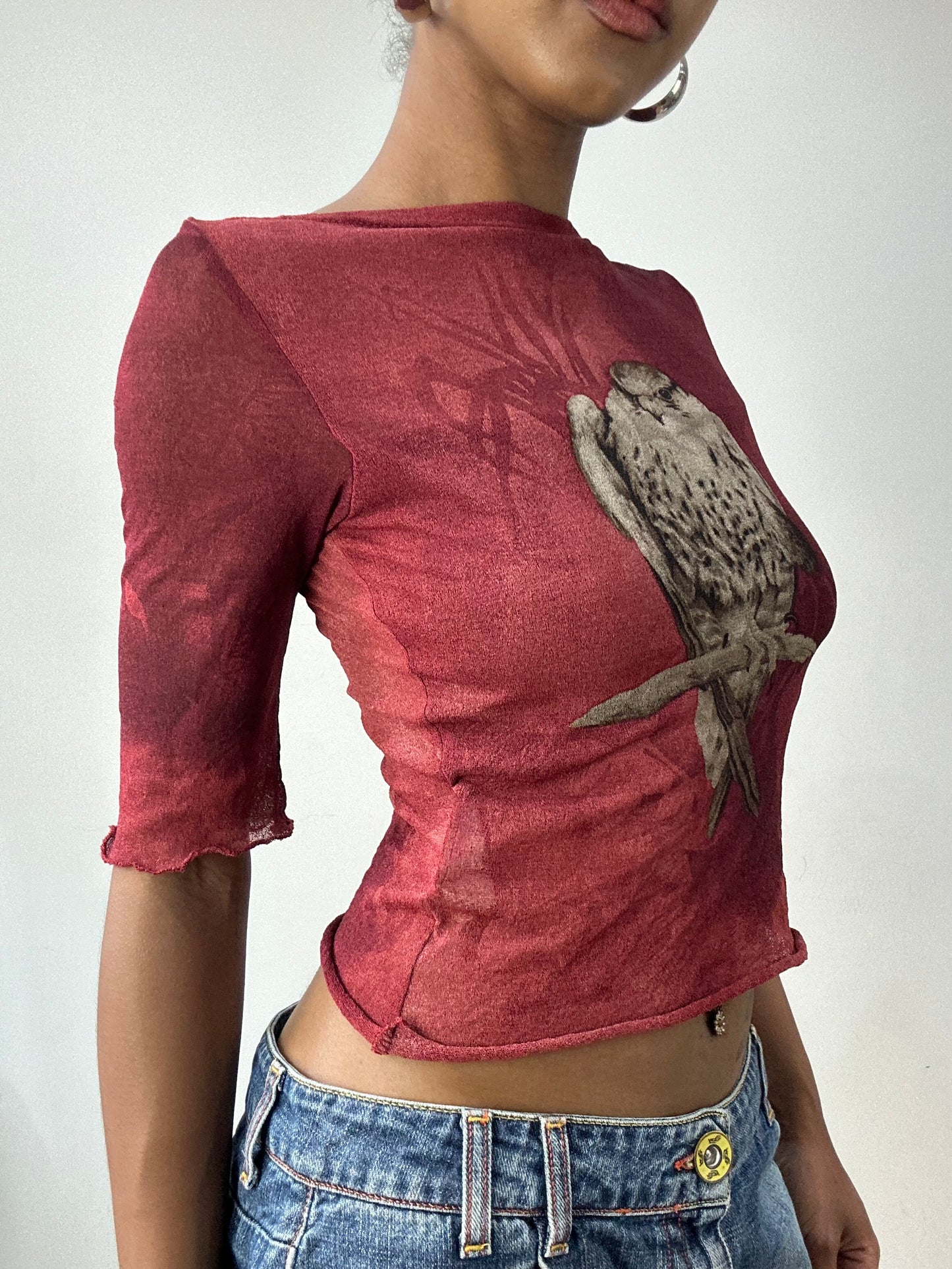 vintage edit thirty-two | small burgundy red mesh overlay top with bird graphic