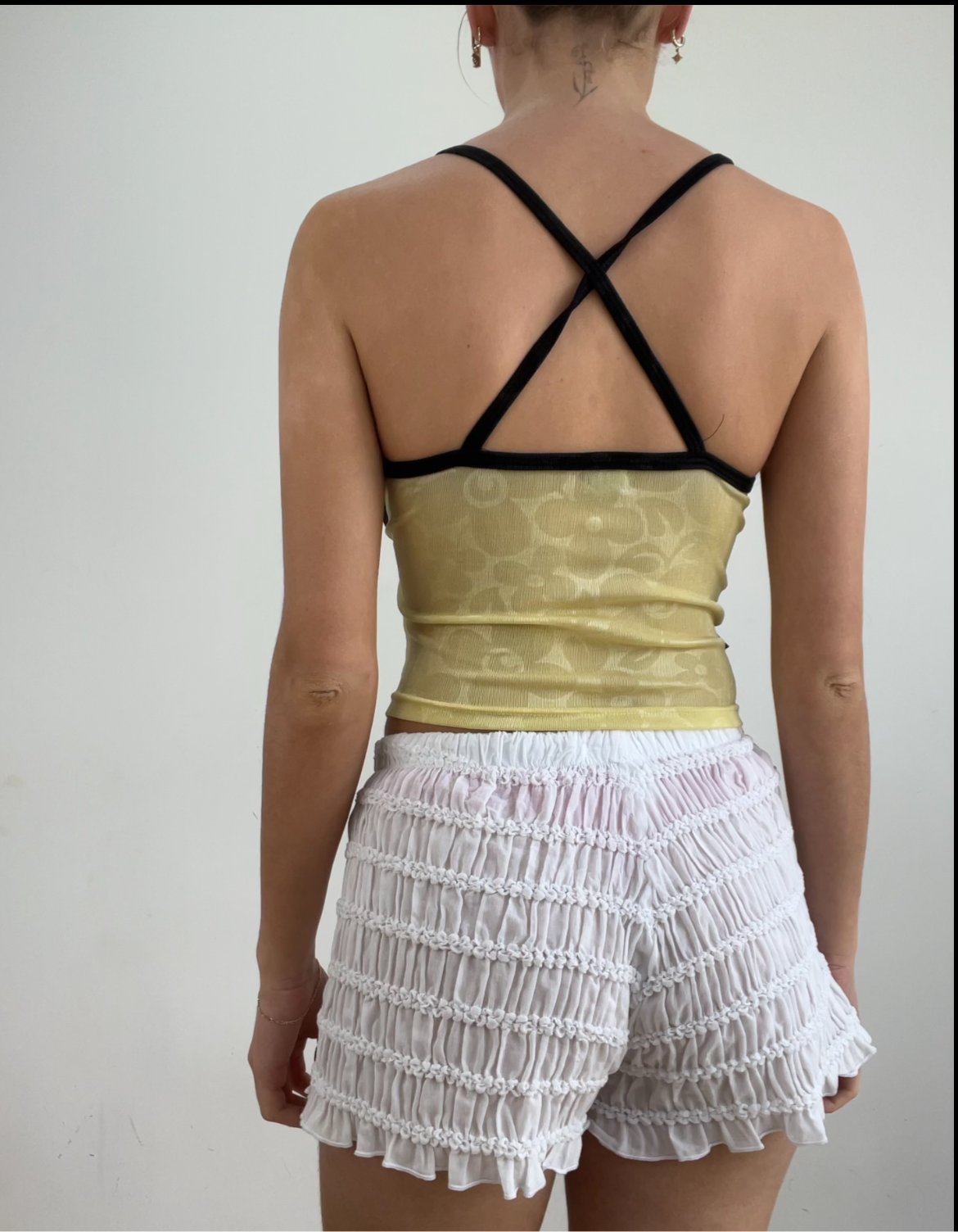 💻 GLASTONBURY DROP | small yellow and black cropped top with cross back detail