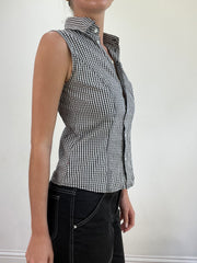 💻💚 miley cyrus edit | small black and white sleeveless gingham button up shirt