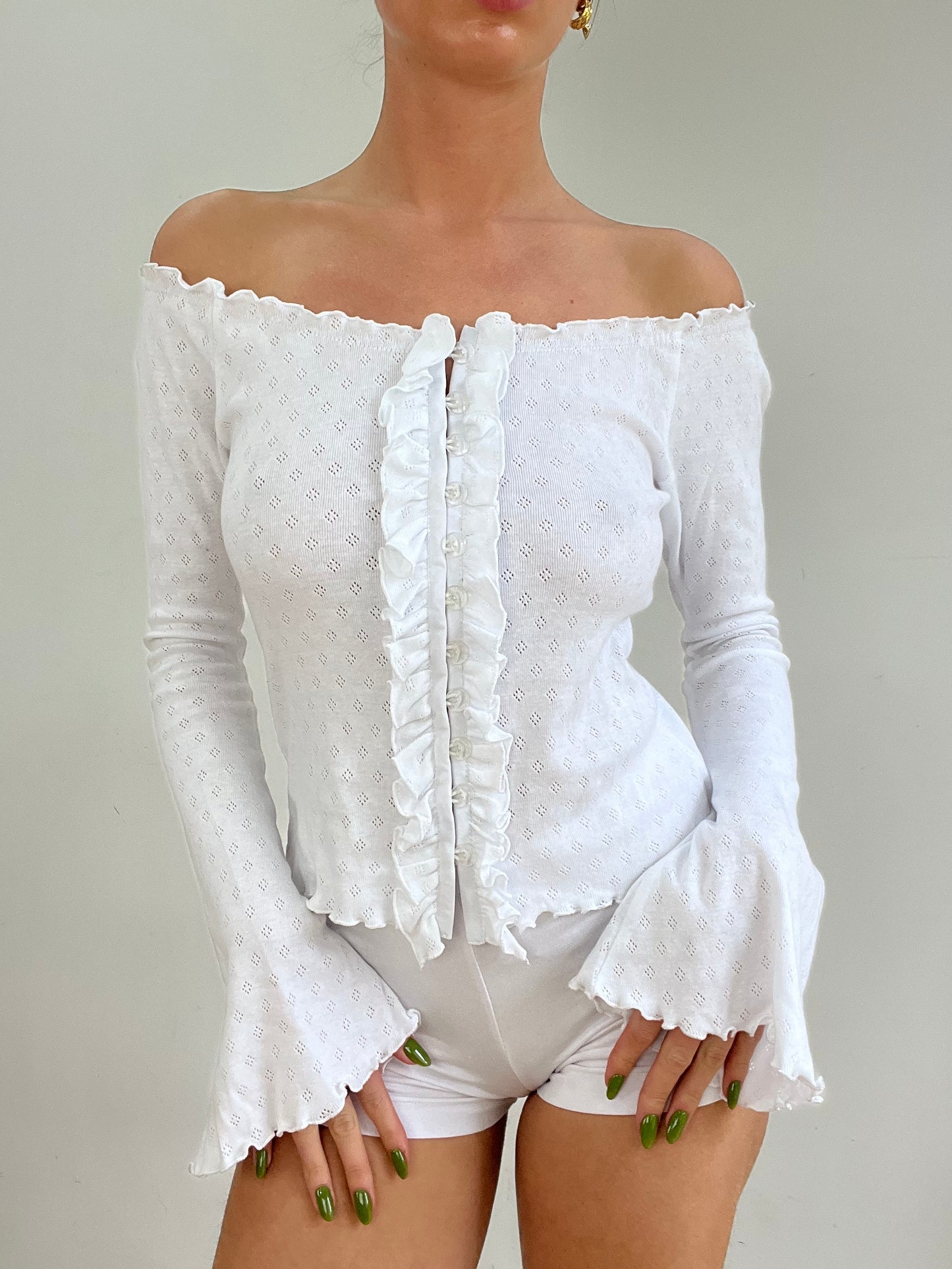 #343 SAMPLE SALE | small white off the shoulder pointelle cardigan