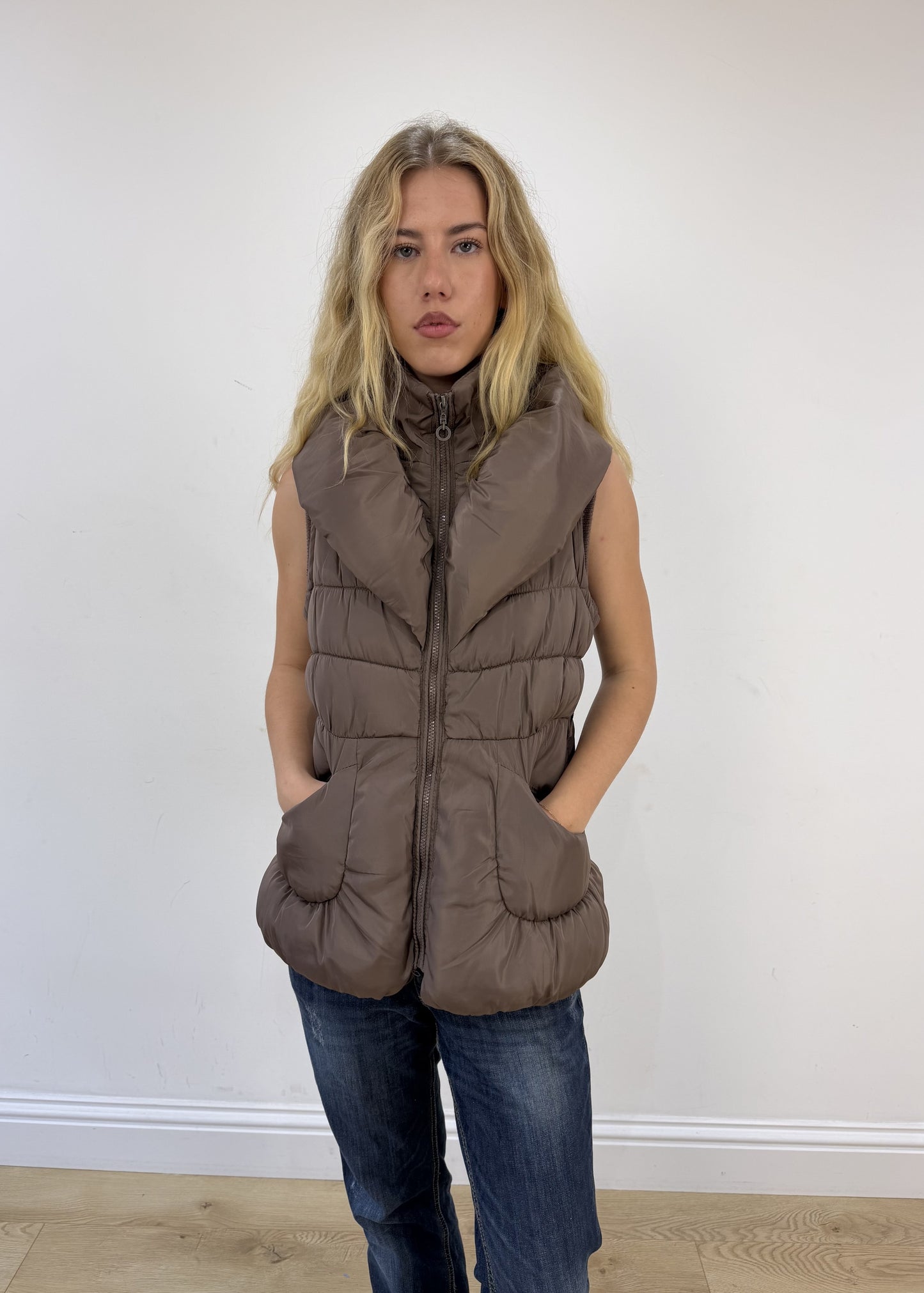 large brown puffer gilet