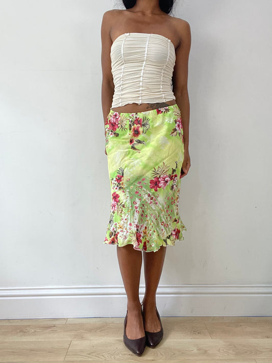 vintage edit twenty-five | small green yessica midi skirt with pink floral pattern