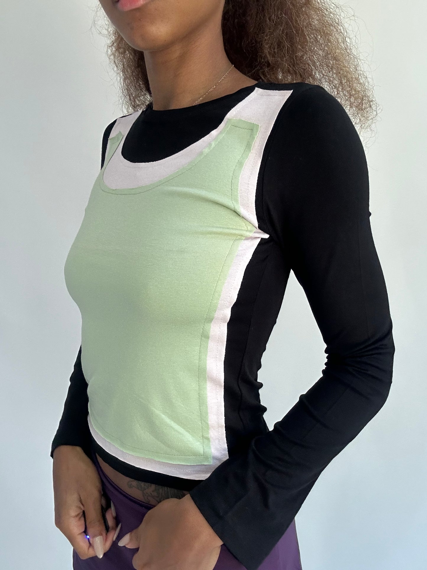 ‼️ | small black long sleeve top with green vest overlay detail
