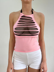 #330 VENTA DE MUESTRAS | Top de cuello halterneck de red rosa extra pequeño