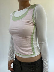 ‼️ | small white long sleeve top with pink vest overlay detail