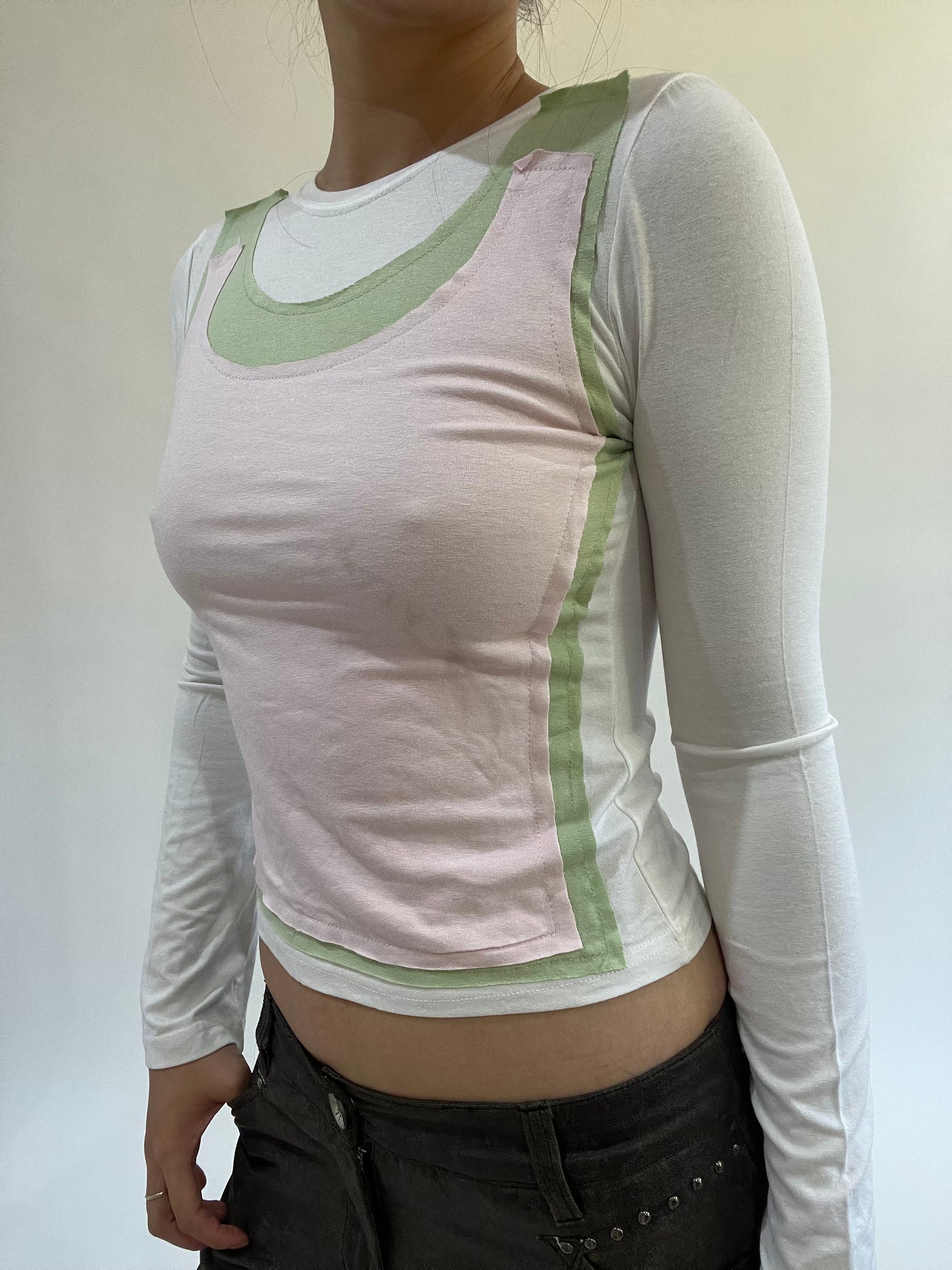 ‼️ | small white long sleeve top with pink vest overlay detail