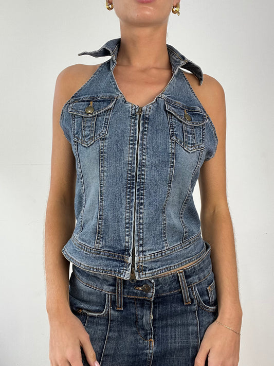 💻DENIM ON DENIM | medium mid wash denim halterneck top