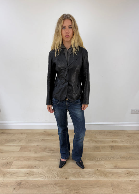 small black leather jacket with built in hoodie