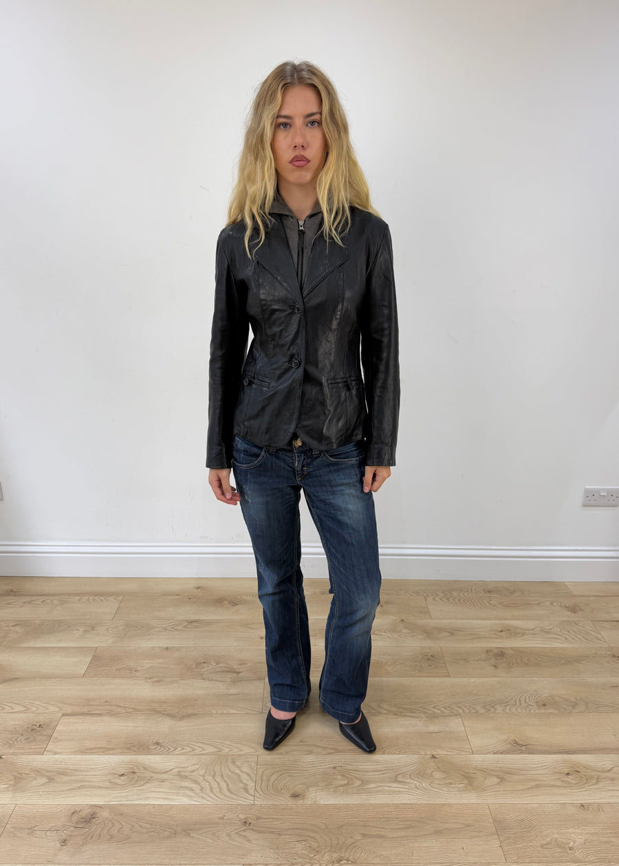 small black leather jacket with built in hoodie