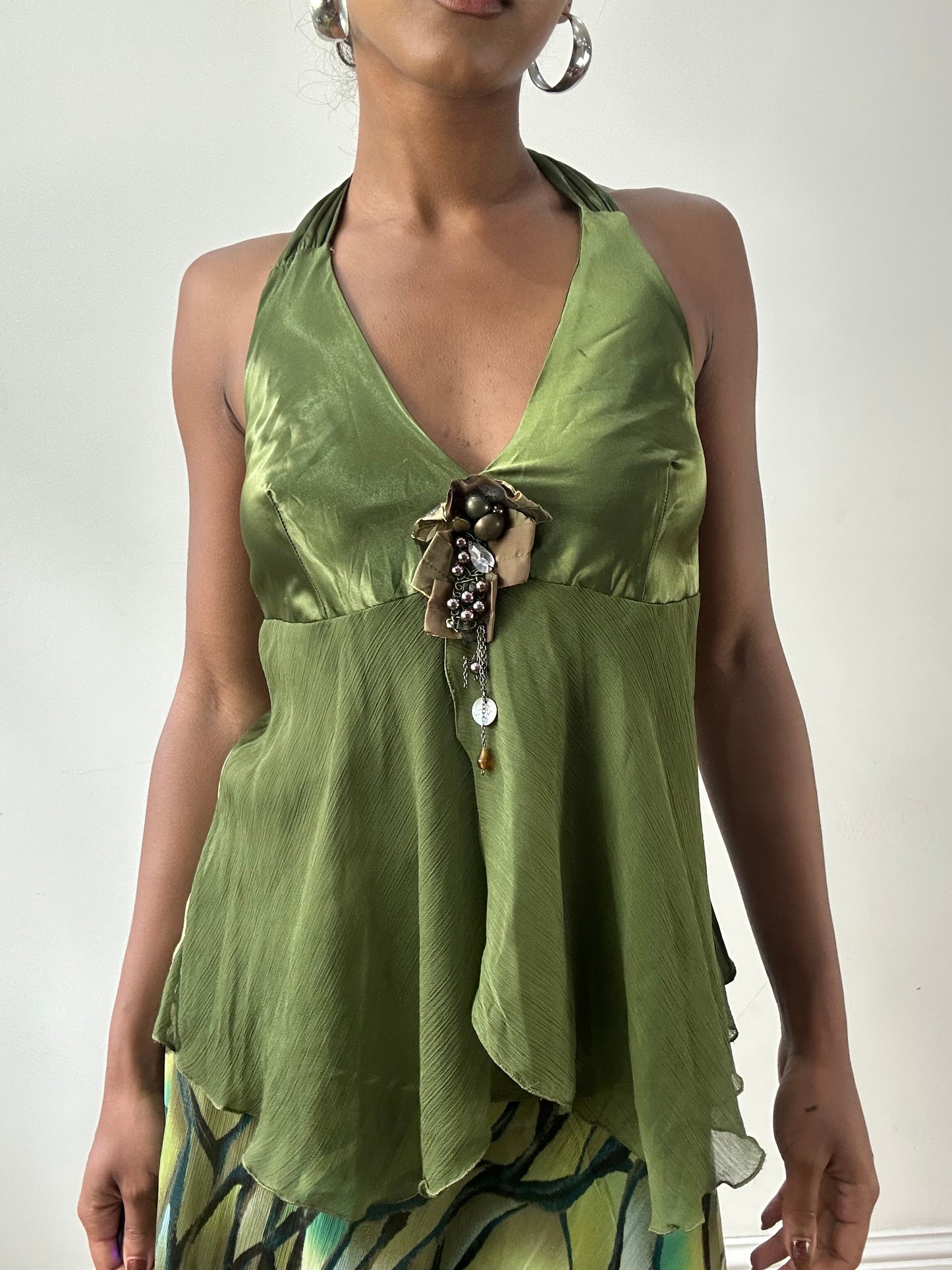 LFW edit | medium green halterneck top with 3D flower detail