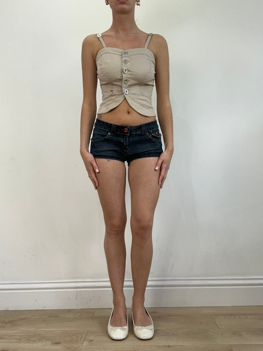 💻💚vintage edit twenty | small beige fitted top with button up front and lace up back