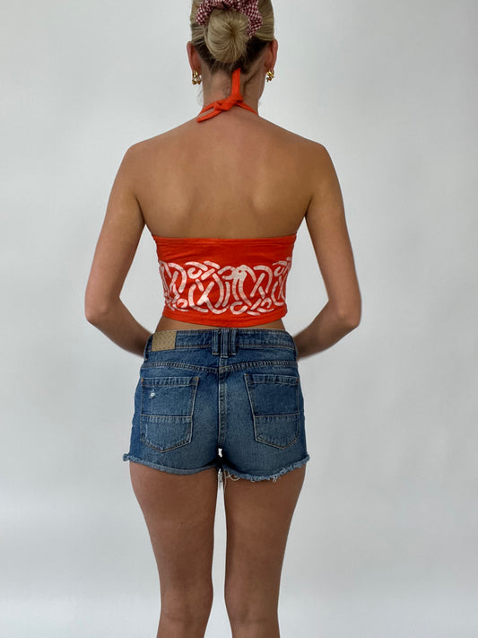 COCONUT GIRL DROP | Pequeno grafismo laranja halterneck vestido feminino de topo