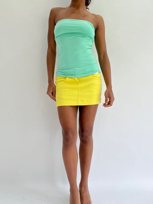 zara larsson drop | small yellow denim style mini skirt