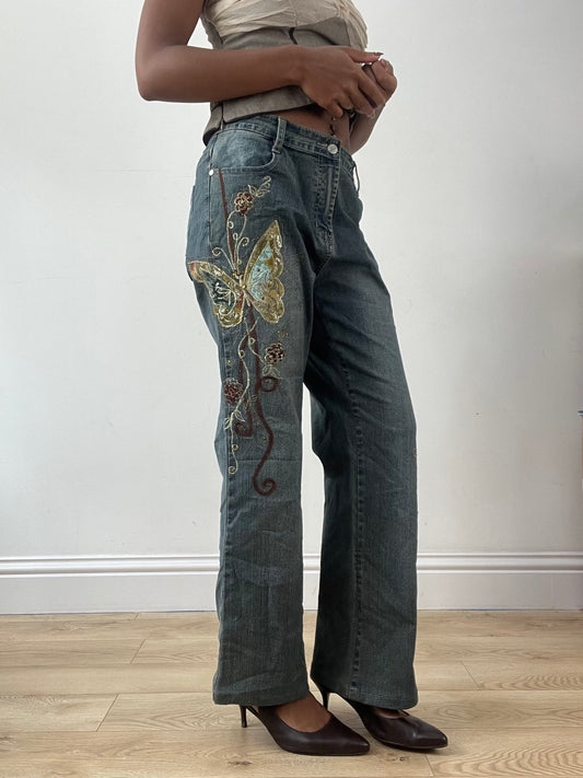 LFW edit | medium blue denim jeans with gold butterfly embroidery and rhinestones