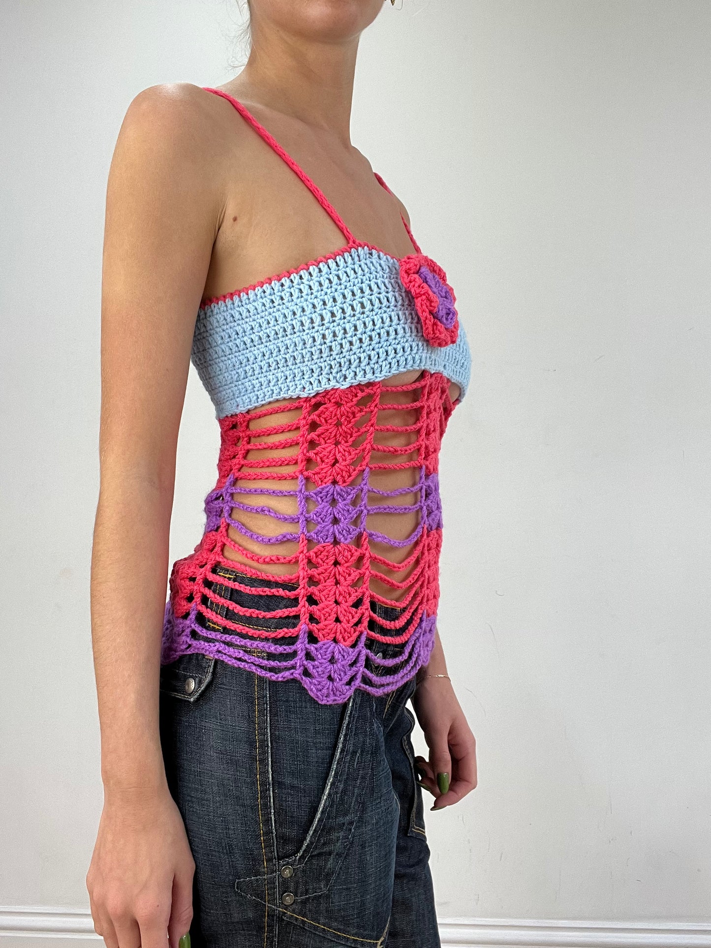 vintage edit seventeen | small pink and blue crochet cami