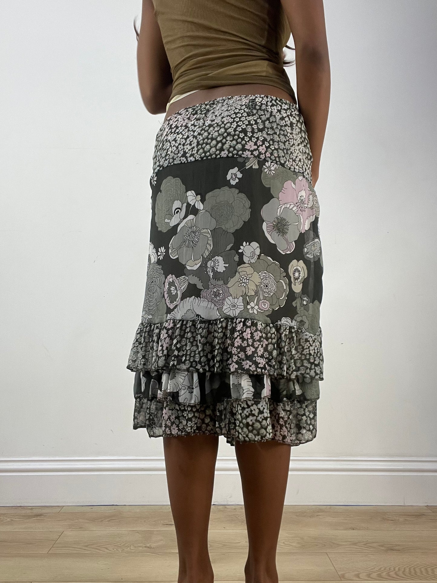 BEST PICKS | extra small green midi skirt with floral mesh overlay