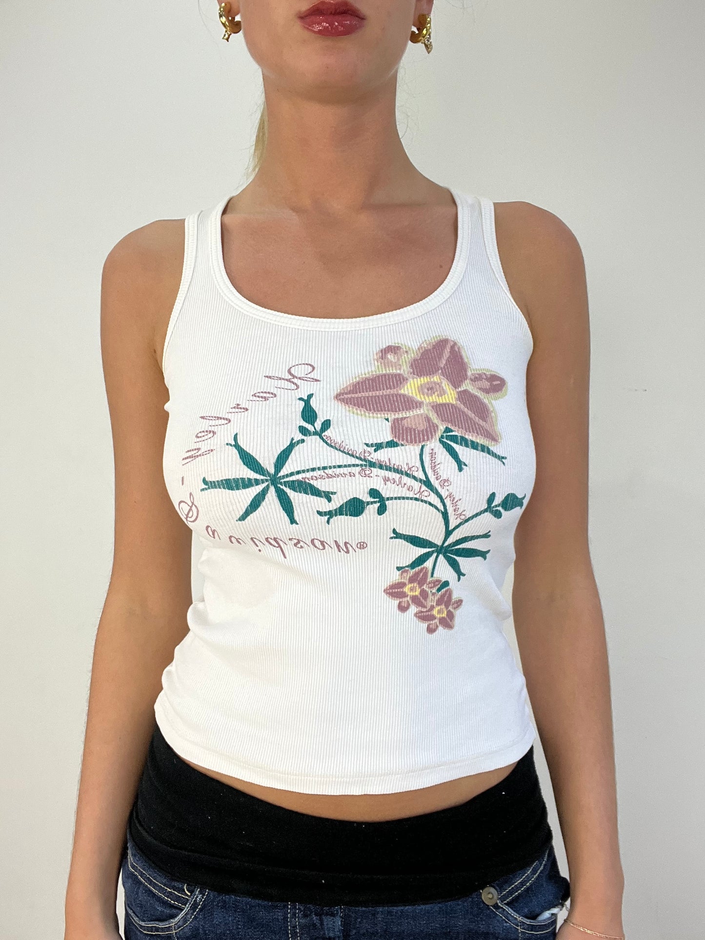 vintage edit fourteen | small white harley davidson floral tank top