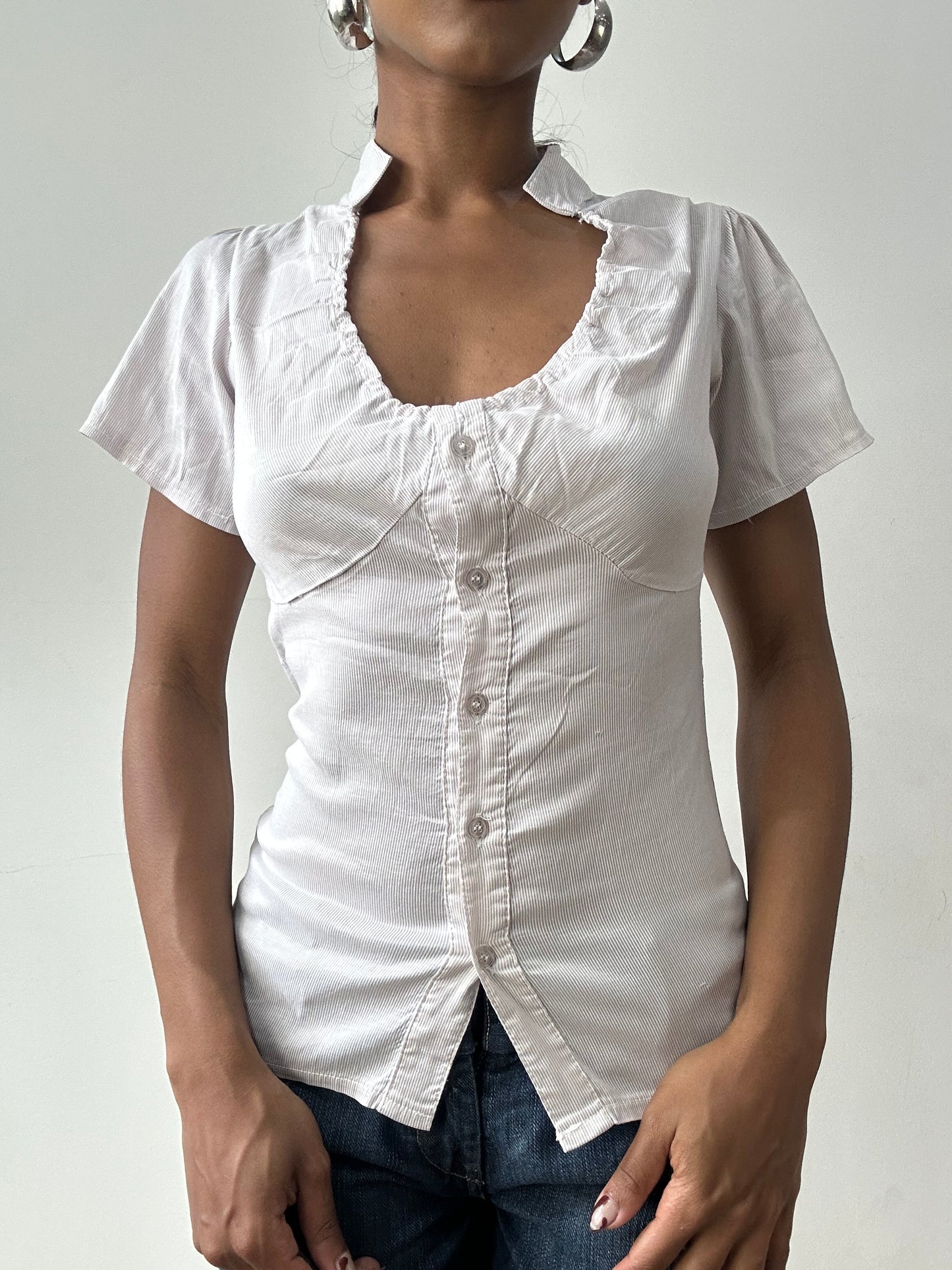 midsummer edit | small white short sleeve pinstripe blouse