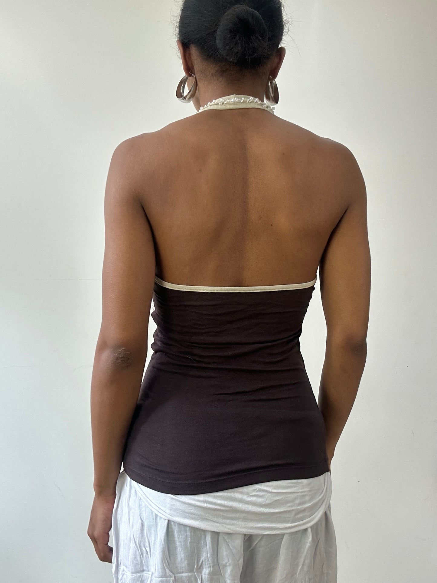 vintage edit thirty-one | small brown and cream halterneck top with beading