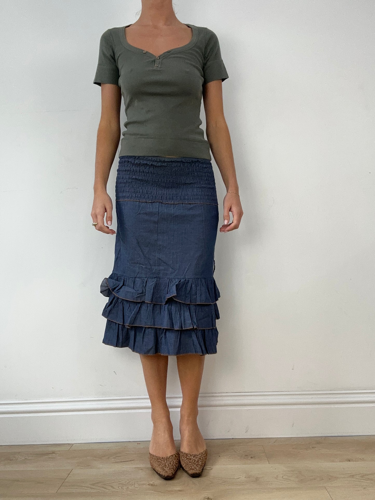 💻DENIM ON DENIM | small ruffle midi skirt