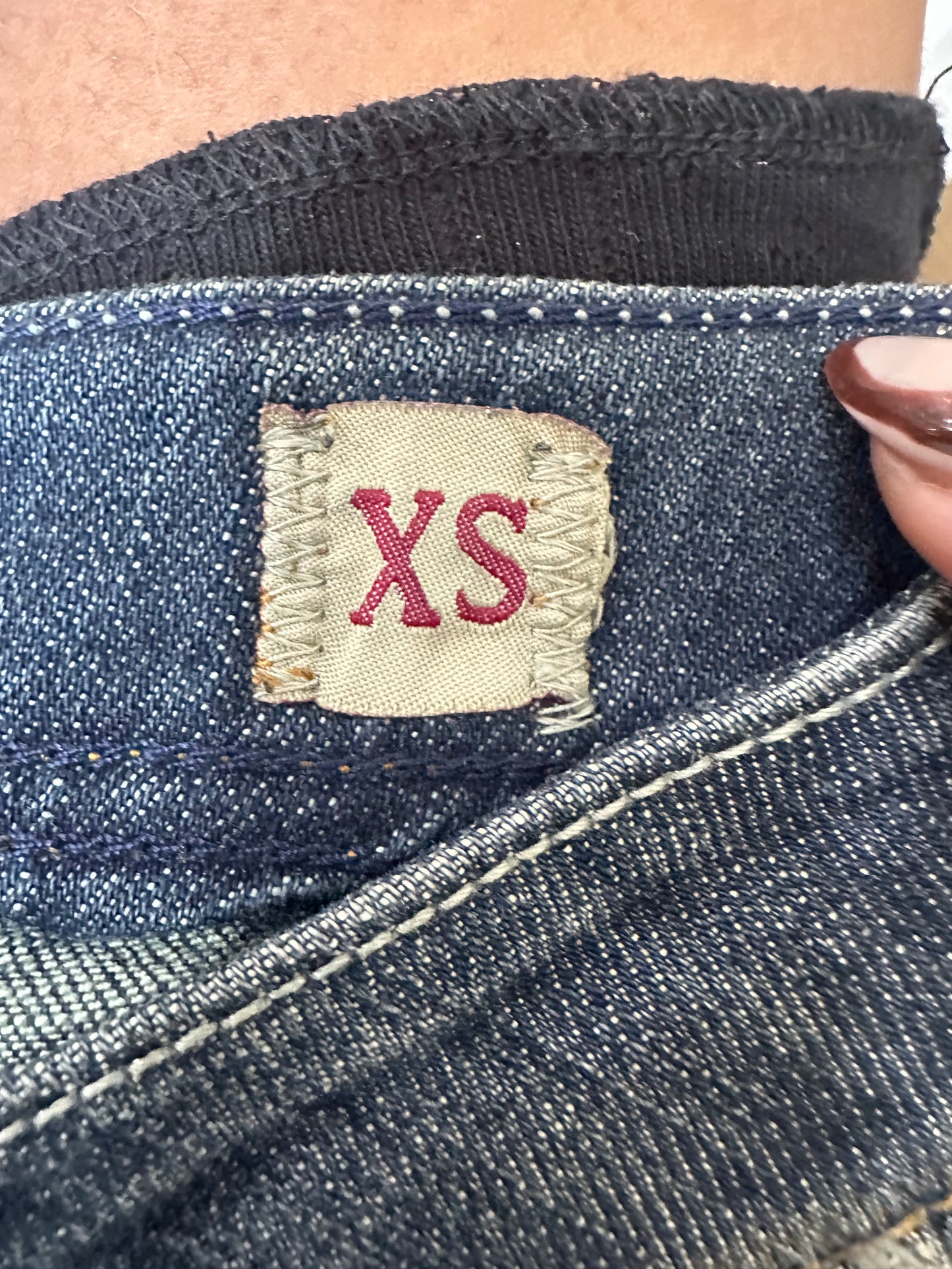 vintage edit thirty-one | extra small blue denim mini shorts with rhinestone button