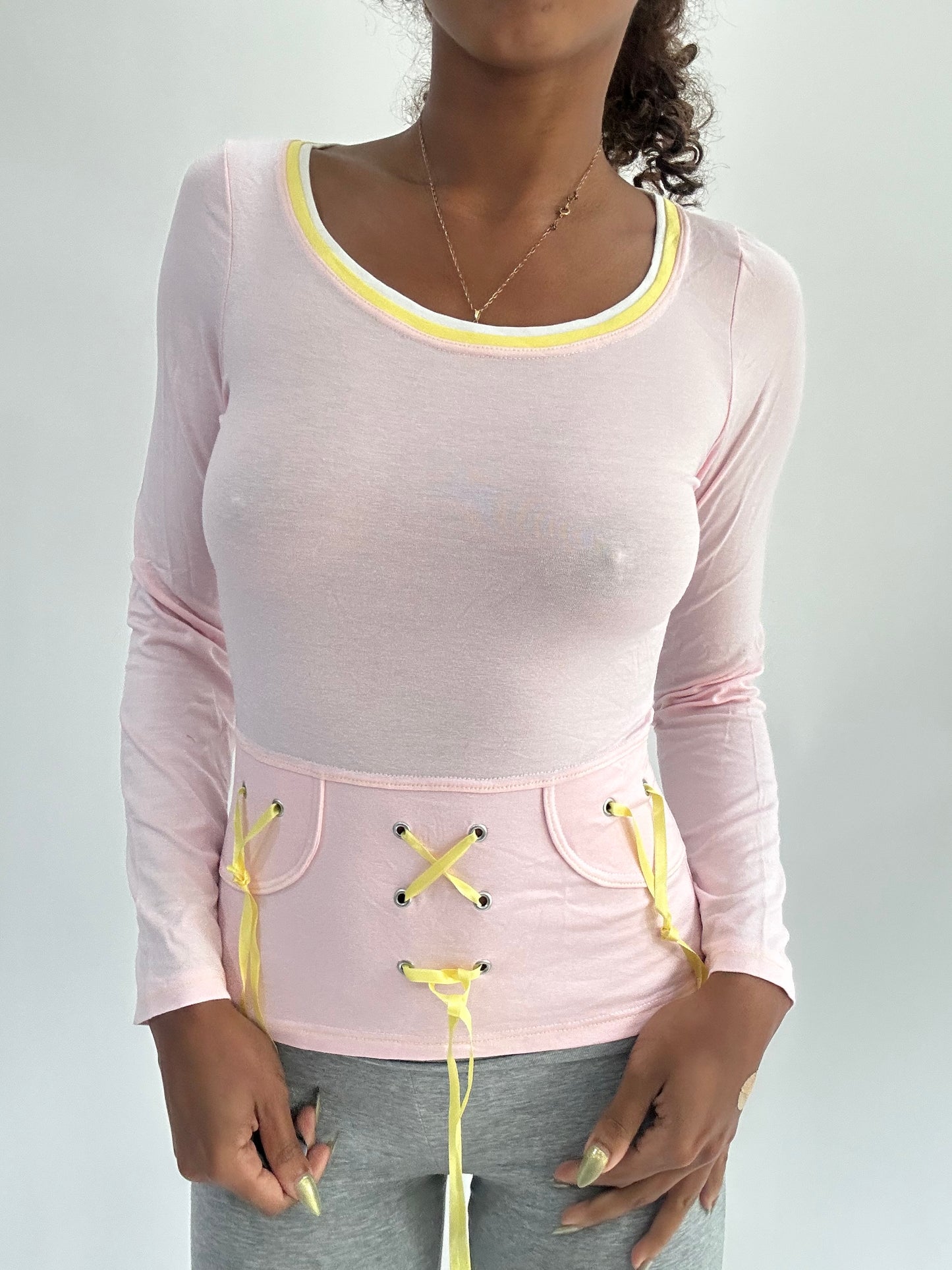 ‼️ | small light pink long sleeve ribbon detail top