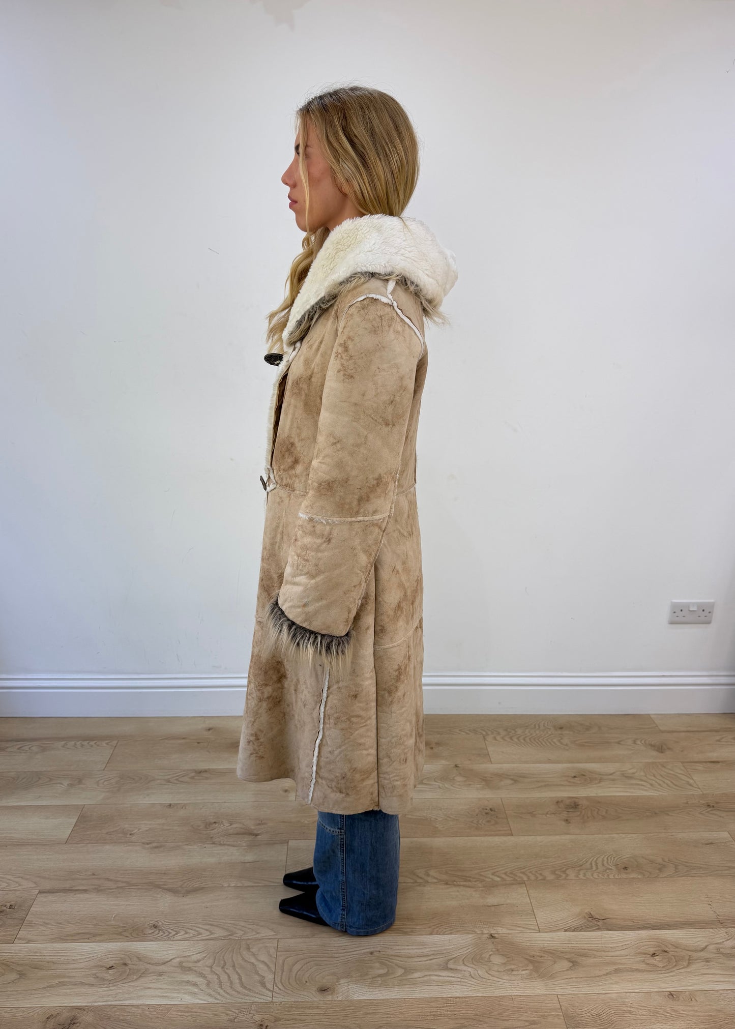 medium beige afghan coat with faux fur