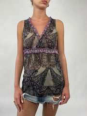 PALM BEACH DROP | medium mesh brown cami with purple paisley detail all over
