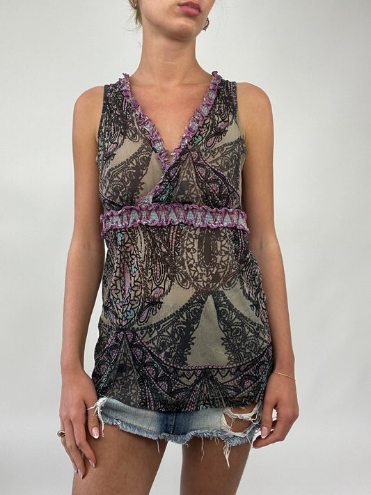 PALM BEACH DROP | medium mesh brown cami with purple paisley detail all over