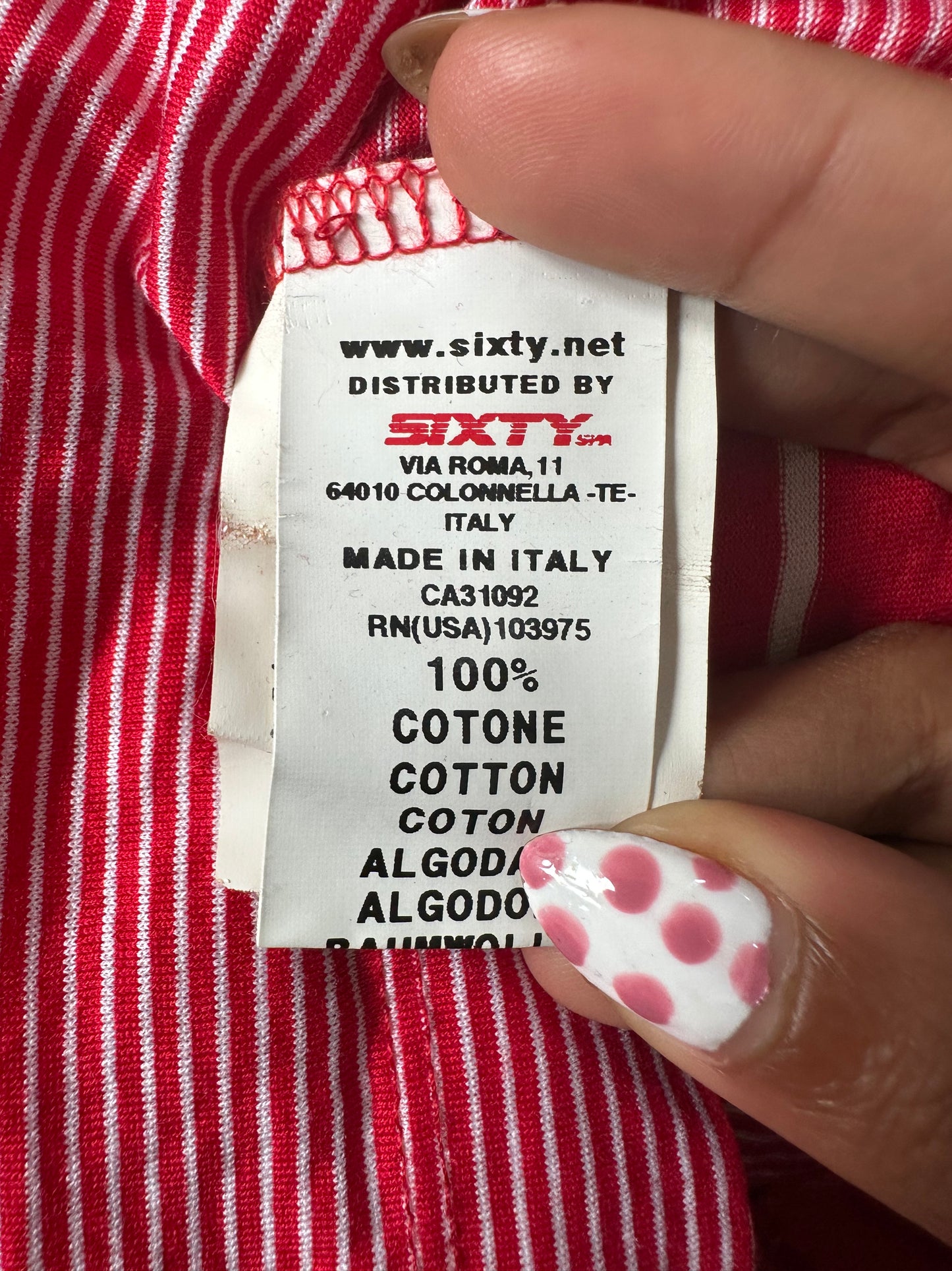 vintage edit twenty-seven | medium red miss sixty pinstripe top with silver logo detail