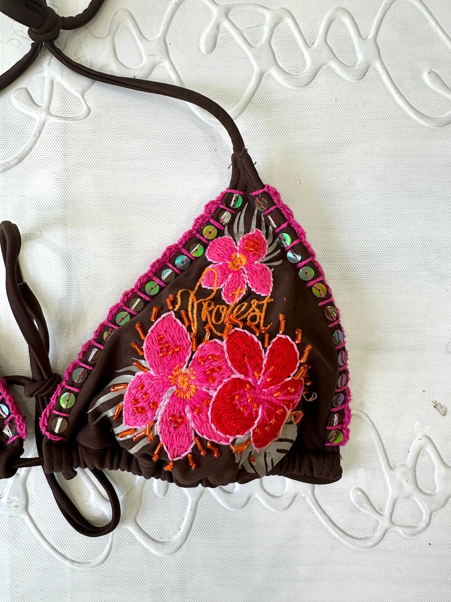 festival drop | small brown and pink embroidered bikini top