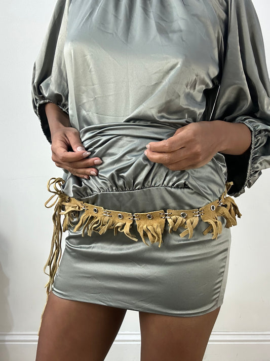 vintage edit: halloween | brown tassel tie up belt with silver eyelet details