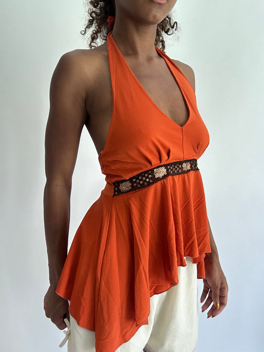 ‼️ | small orange halterneck sequin detail top