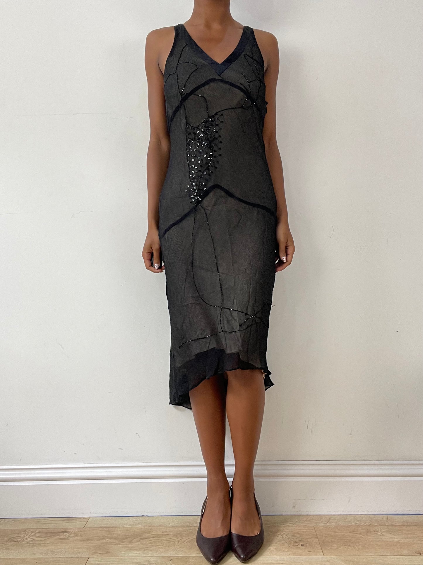 vintage edit twenty-nine | small black silk mesh overlay midi dress