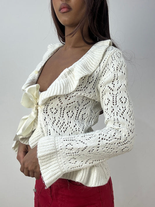vintage edit thirty-three | small white knit cardigan top with tie up ribbon