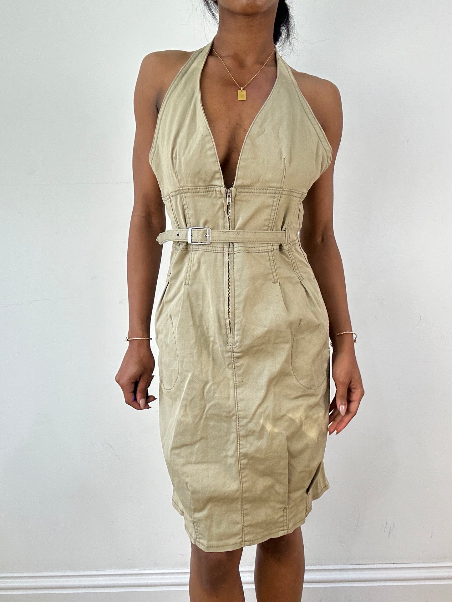 vintage edit twenty-one | medium beige cargo zip up mini dress