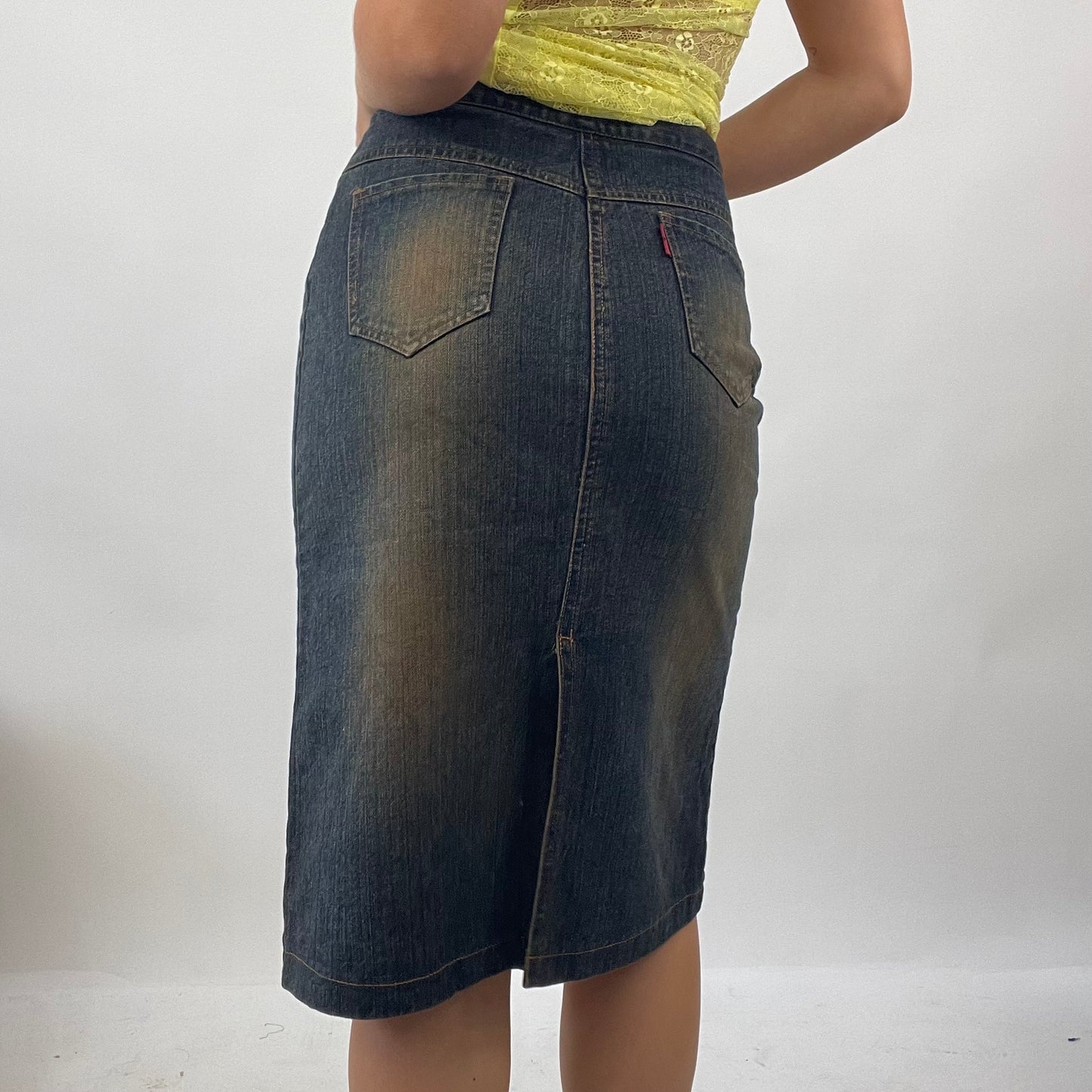 VINTAGE GEMS DROP | small denim midi skirt in brown wash