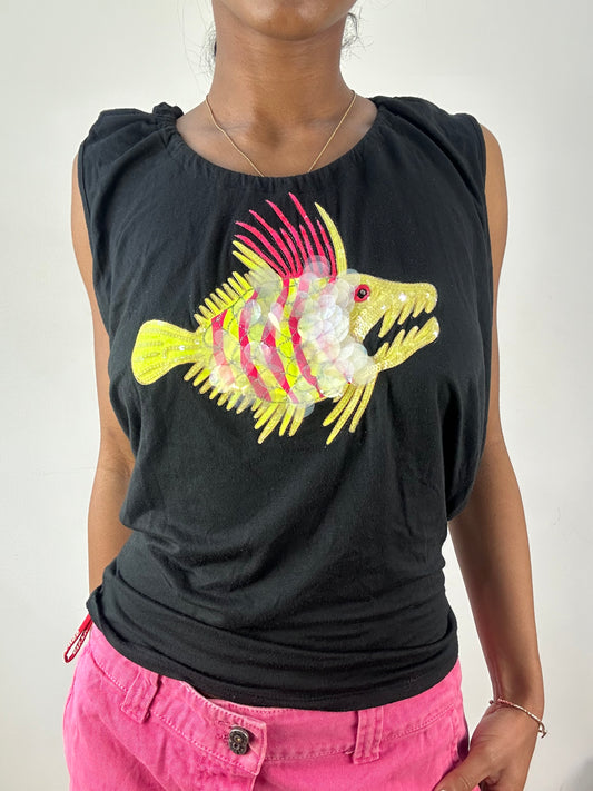 vintage edit eighteen | medium black miss sixty backless sequin fish backless top