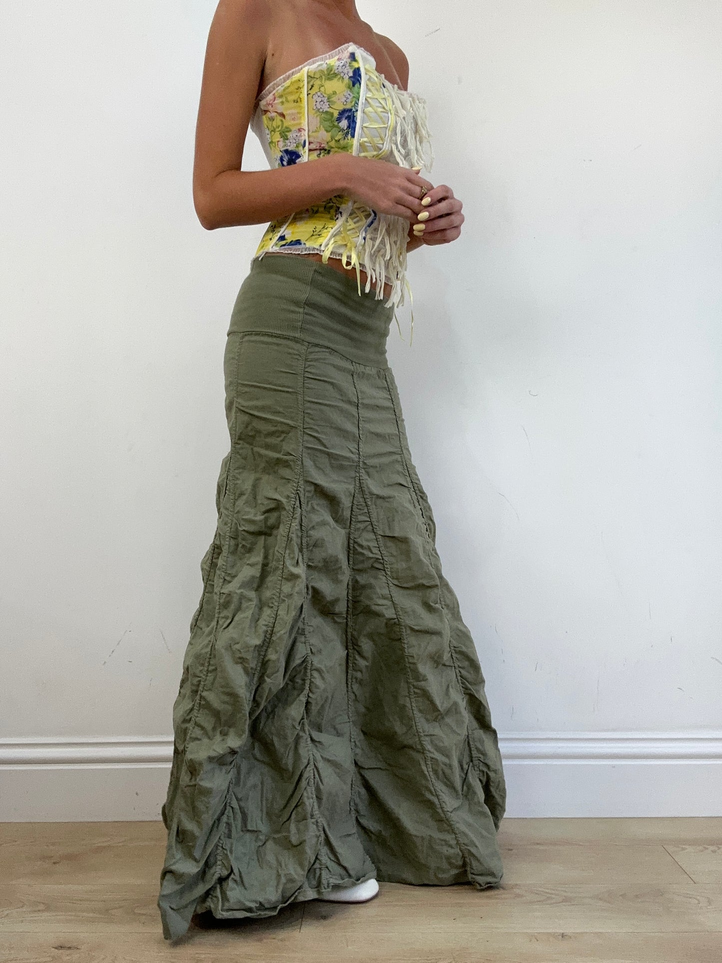 vintage edit eleven | small khaki bubble style ruched maxi skirt