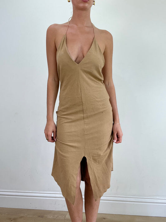💚 miley cyrus edit | medium beige pimkie suede style halterneck dress