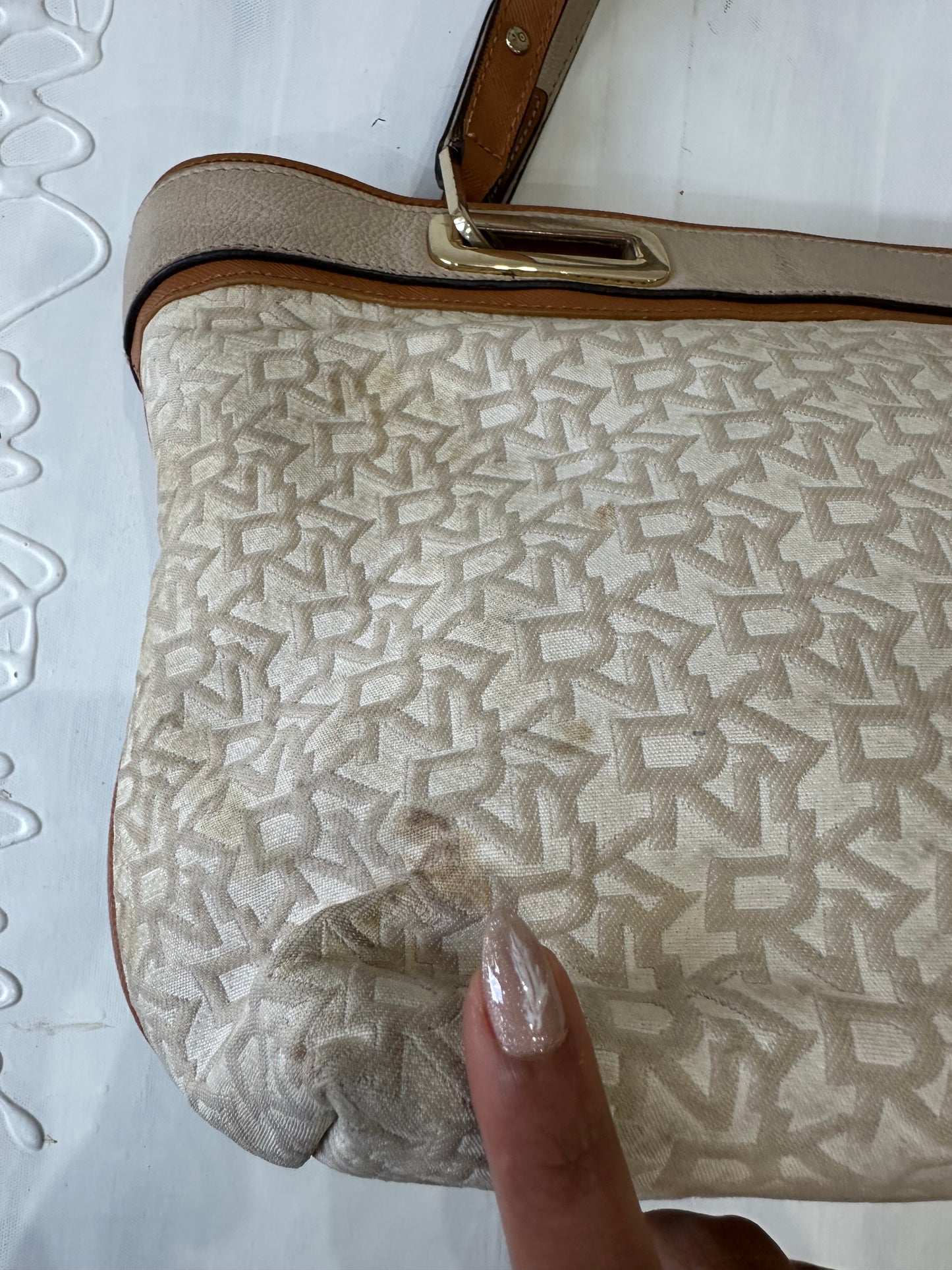 vintage edit thirty-three | white dkny shoulder bag with monogram print