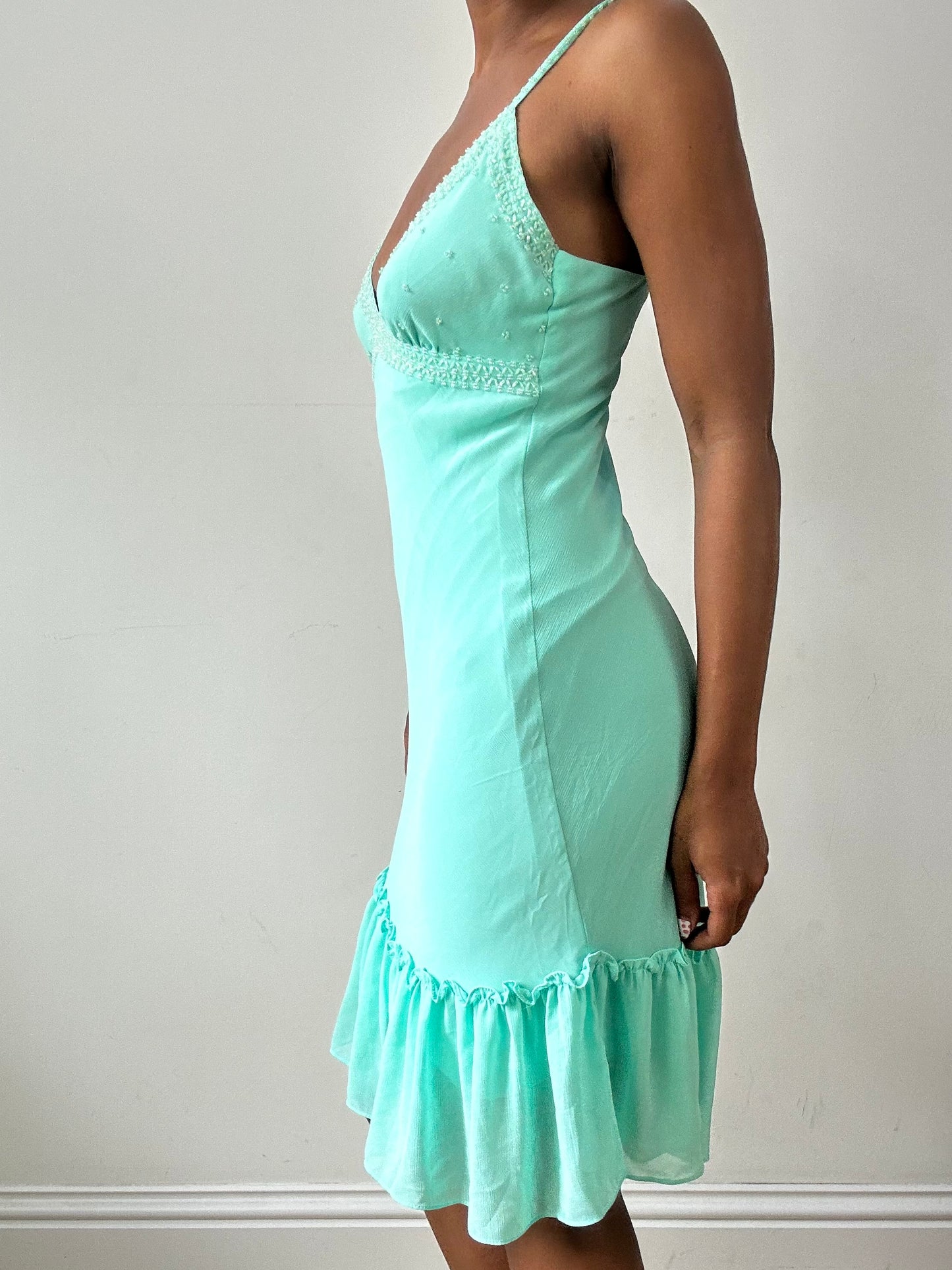 vintage edit twenty-nine | small teal blue midi dress with beading detail