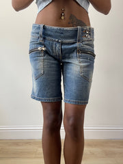 vintage edit twenty-seven | medium blue denim belted shorts with zip details
