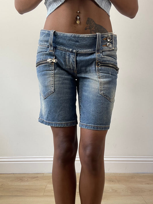 vintage edit twenty-seven | medium blue denim belted shorts with zip details